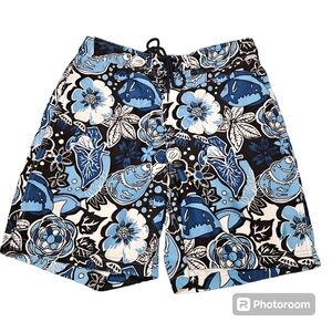 Nautica Swim Shorts Blue Black White Velcro Fly Tie Front Size S
